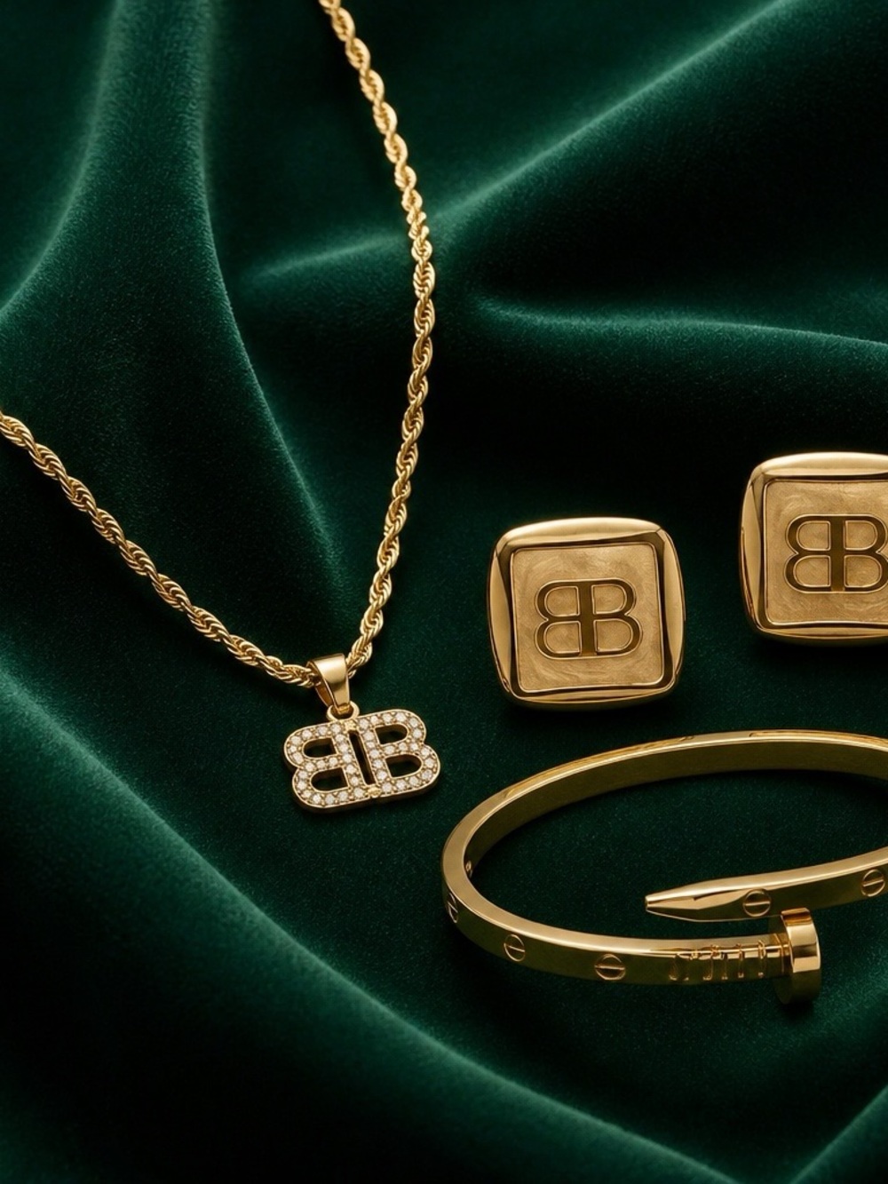 Balenciaga Gold Double-B Pendant Necklace, Earrings Set(fashion jewelry)